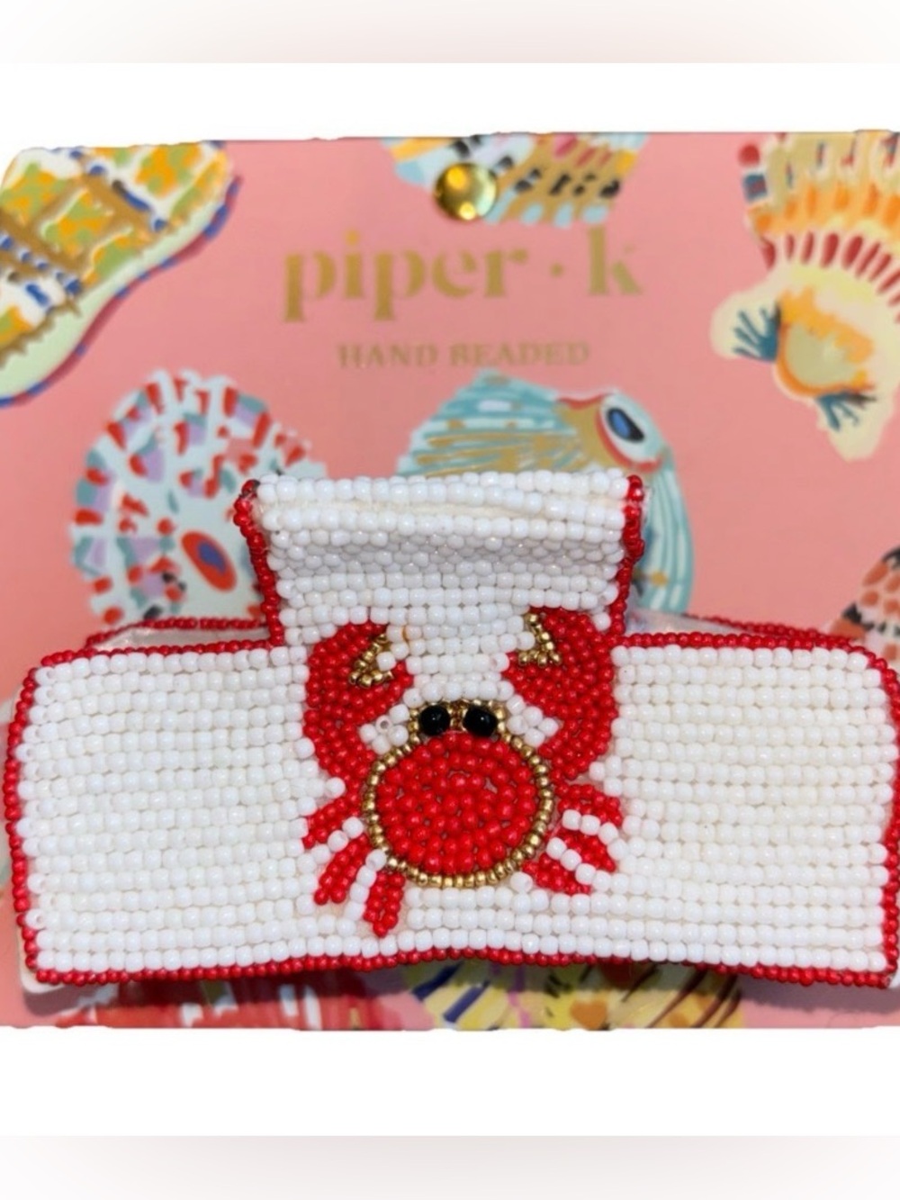 Piper Hand-Beaded White & Red Crab Hair Clip